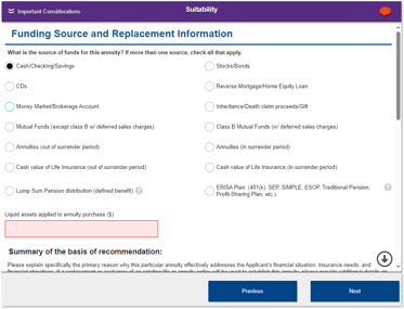 Funding source for annuity questions that require checkboxes to be selected as appropriate