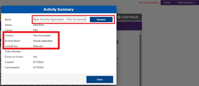 Under ‘Activity Summary’ you can view product name and jurisdiction, and change the name of the application