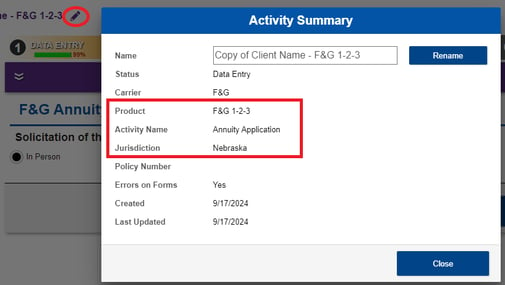 Confirm name, product, and jurisdiction of application in activity summary