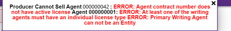 Pop-up message containing errors for the provided information/agent(s) validation attempt