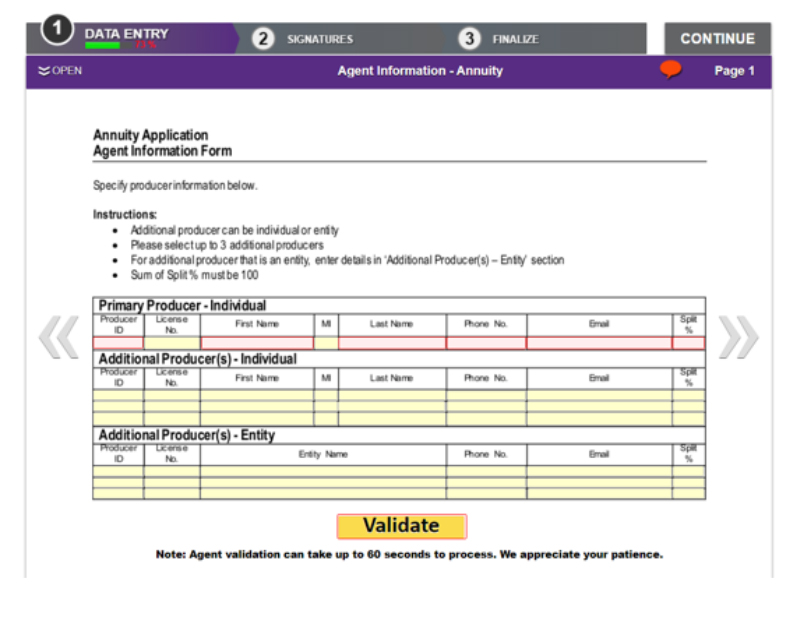 Agent Information Form and validate screen