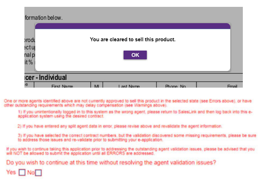 Select yes or no to proceed without resolving validation issues