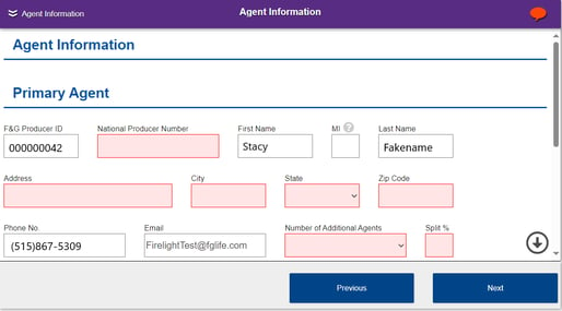 Agent information form fields and split percentage field