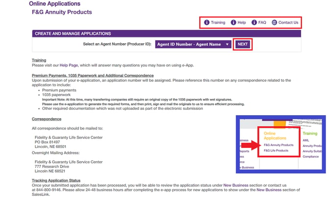 Online Applications page highlighting 'Next' button under Create and Manage Applications heading, with help options above