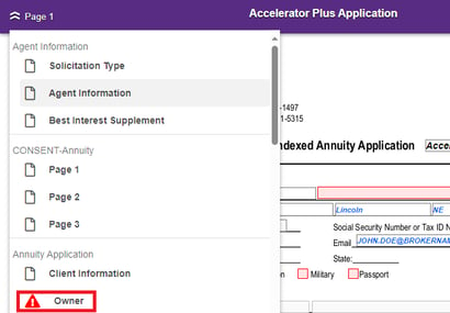 Missing information/form fields can be fixed by selecting the chevron icon next to 'Page 1'