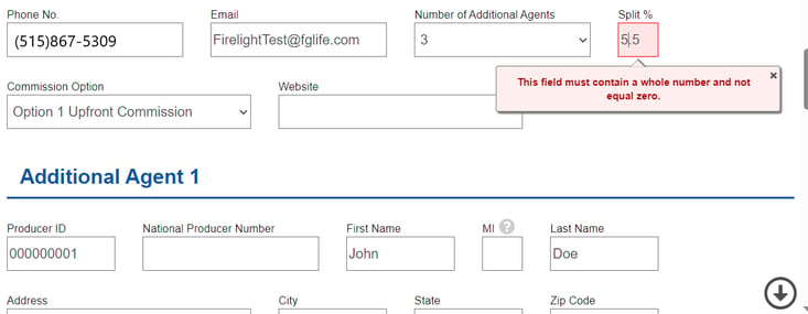 Split percentage field highlighted in red when an invalid number/amount is entered