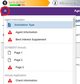 Pop-out from arrow/chevron icon listing all the required sections