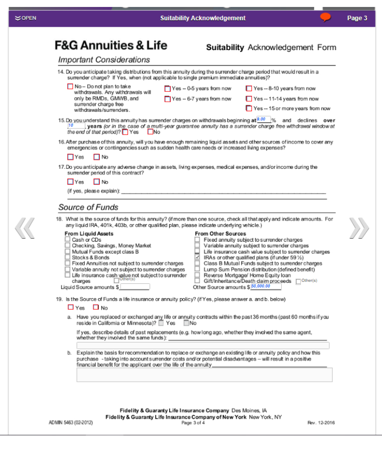 Continue filling out Suitability Acknowledgement Form's required fields