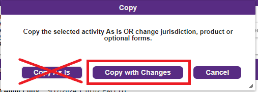 Pop-up with options to 'Copy as is', 'Copy with changes', or 'cancel'