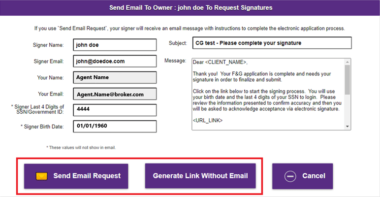 Two buttons displaying options 'Send Email Request' or 'Generate Link Without Email'