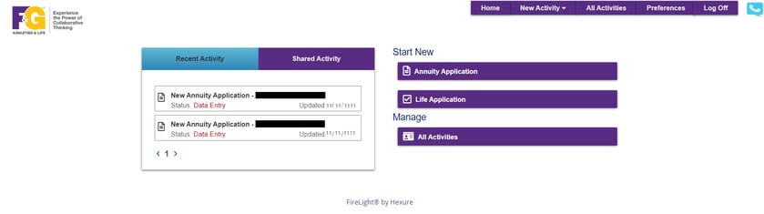 FireLight e-App home displaying activity tabs as well as application creation and management options