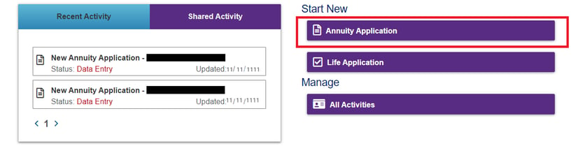 ‘Annuity Application’ option under Start New heading