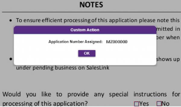 Pop-up with assigned application number