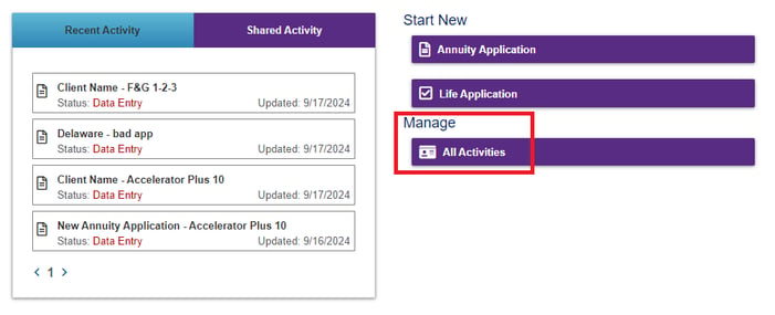 'All Activities' button listed under Manage heading