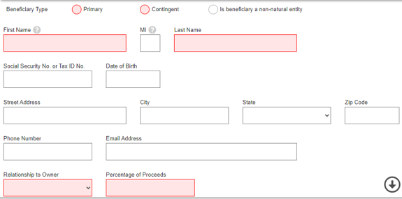 First and last name, relationship to owner, and percentage of proceeds displayed as required fields