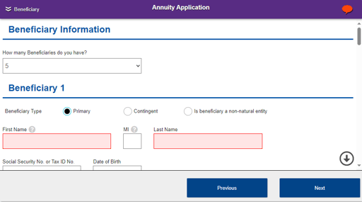 Select the number of beneficiaries from a dropdown and fill out the subsequent form details for each one