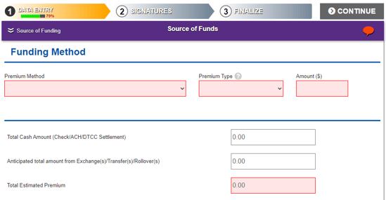 Required fields highlighted in red, including premium method, type, and amount in dollars