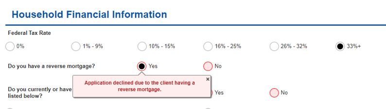 Household financial information questions with some options selected displaying a pop-up that the app will be declined