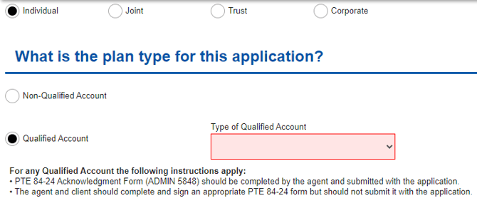 Plan type question with options for qualified and non-qualified accounts