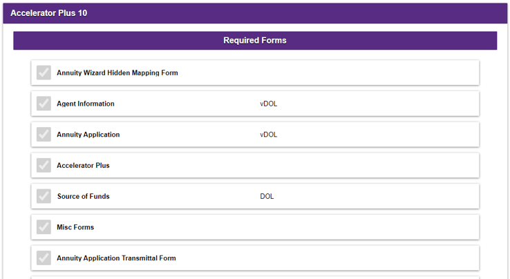 List of forms with grayed out checkmarks next to each