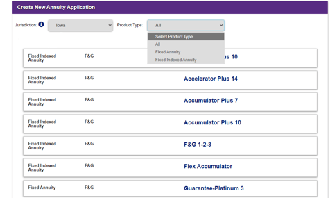 Select options from jurisdiction and product type drop-downs, and then corresponding product