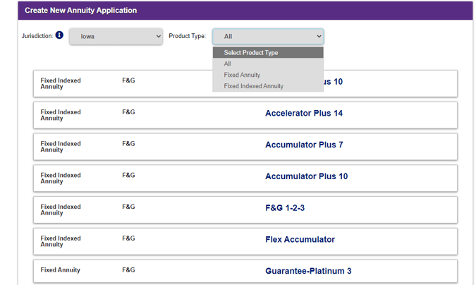 Product type dropdown shows available options to filter by