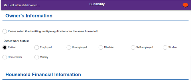 Owner's information section where the owner's work status can be selected from a number of radio button options