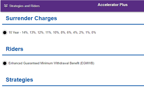 Surrender charges section with radio button option(s) listing years and associated percentages