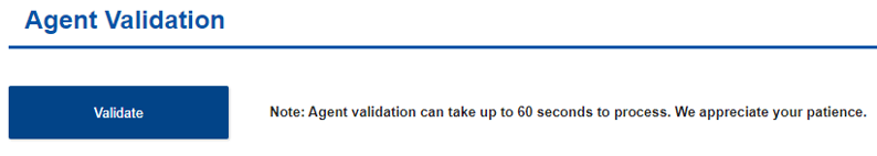 Validate button with an on-screen note that it may take up to 60 seconds to process once clicked