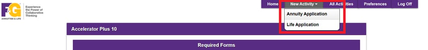 Navigate to 'New Activity' in top level menu and select 'Annuity Application'