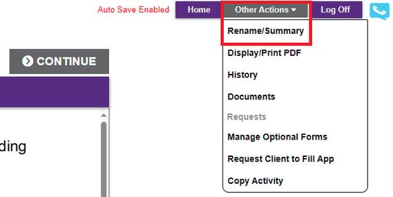 Rename application by selecting 'Rename/Summary' from the 'Other Actions' dropdown in the top-right menu