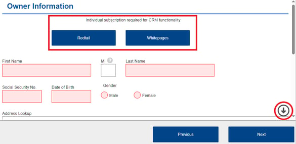 Buttons to login to Redtail or Whitepages available under owner information section