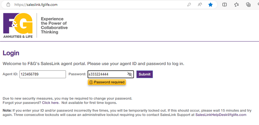 SalesLink login page with agent ID and password fields filled