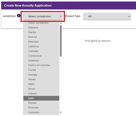 Select jurisdiction dropdown with U.S. states as options