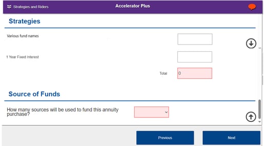 Strategies section with fields that take whole numbers that must all together total 100 (percent) and source of funds dropdown field