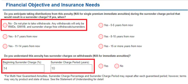 Questions about surrendar charge on withdrawals with various radio button option(s) and fields for percentage and year amount entries