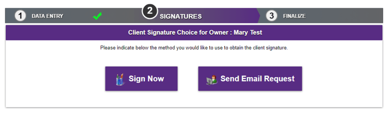 Two buttons displaying options for client signature: 'Sign Now' and 'Send Email Request'