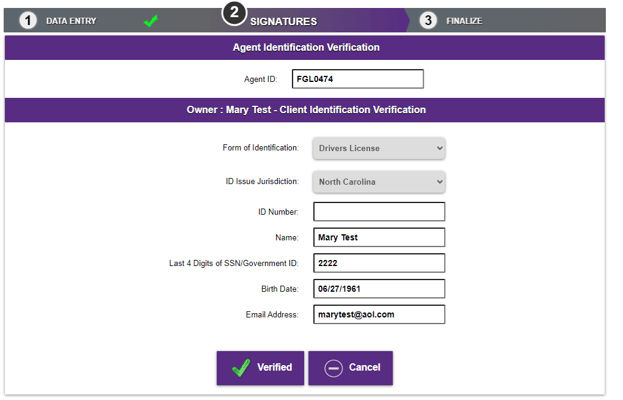 Select form and jurisdiction of ID from dropdowns, and enter ID number, name, birth date, email, last 4 digits of SSN/gov't ID in the form fields