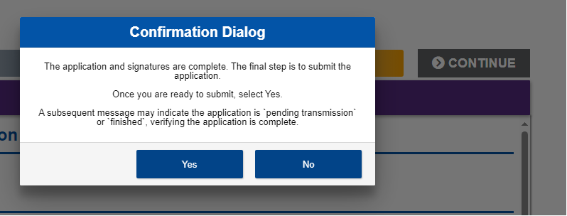 Confirmation dialog pop-up where the user has options to proceed with 'yes' or 'no' buttons