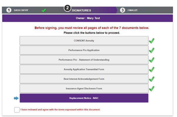 List of documents showing green check mark if they have been reviewed, with 'Sign' and 'Cancel' buttons below