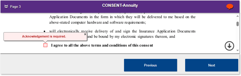 Third page of electronic consent form with checkbox to acknowledge the terms and conditions