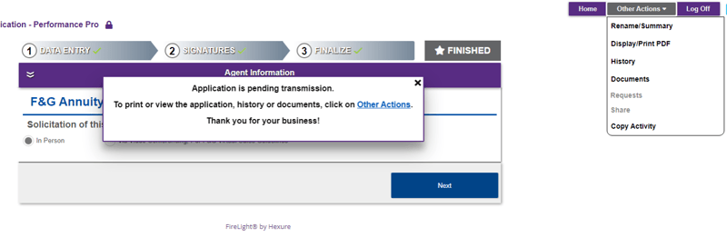 Options under menu tab 'Other Actions' include viewing a summary, displaying/printing a pdf, or viewing documents