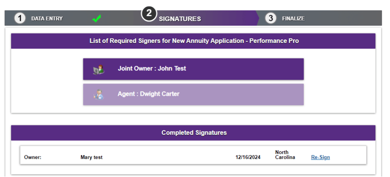 Completed signatures section now displays the client's name, with the other required signers remaining in the original list