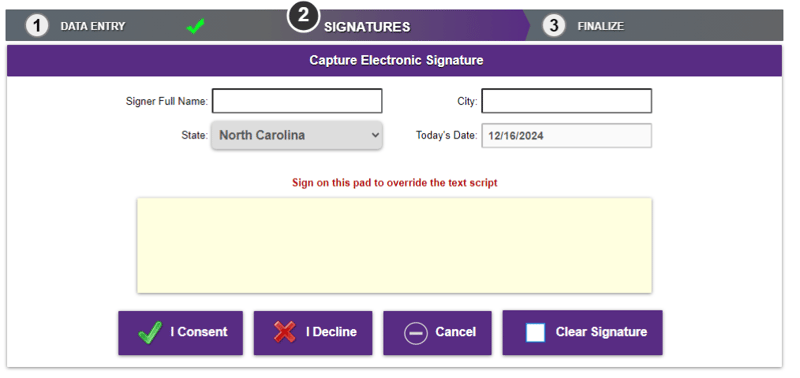 Client can enter full name and city, select their state from a dropdown, select the date, and sign their name