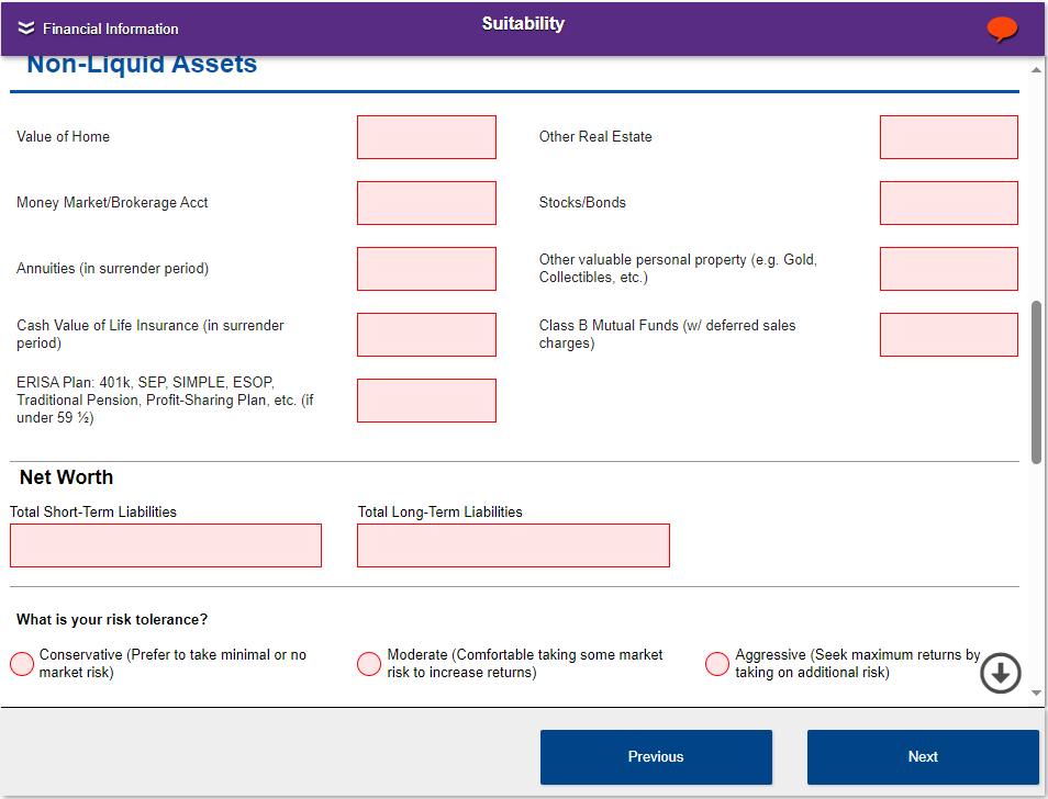 Multiple fields for non-liquid asset numbers, as well as two fields related to net worth and a risk tolerance question with radio button options