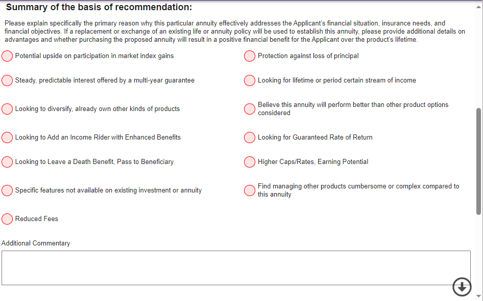 Select the primary reason for the recommendation from a list of radio button options, with an optional box for additional comments below